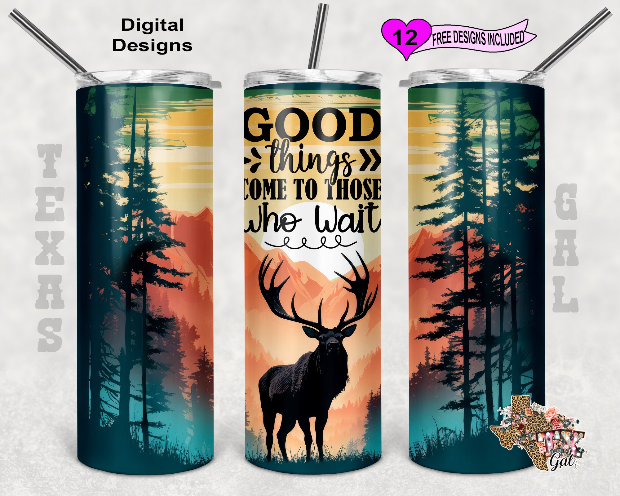 Hunting Big Buck Tumbler Wrap, Watercolor Tumbler Wrap, 20oz Sublimation Tumbler PNG, Seamless Design