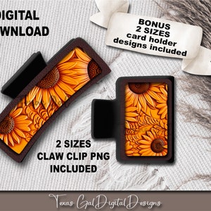 Leather Sunflower Hair Clip Sublimation Design, Large And Small Hair Claw PNG, Boho PNG, Hair Clip Sublimation Design, Digital Download