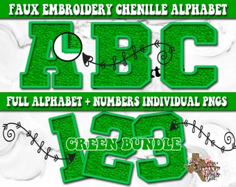 Faux Embroidered Chenille Alphabet Set, Green Chenille Embroidered Varsity Patch Letters PNG, Printable Alphabet Font Bundle
