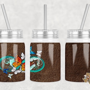 Mason Jar Straight Tumbler Butterflies Leather Sublimation Design PNG Instant DIGITAL ONLY