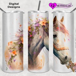 Pferd Tumbler Wrap, Aquarell Tumbler Wrap, 20 Unzen Skinny Tumbler Sublimation Design, Nahtloses Design