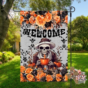 May include: A Halloween-themed welcome garden flag with a skeleton holding a mug of coffee, surrounded by orange and black flowers and a lace pattern. The text "WELCOME" is displayed in bold black letters.