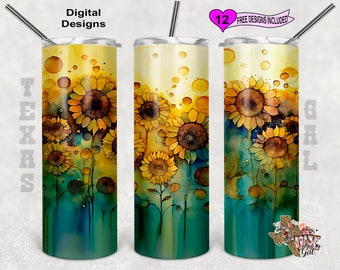 Alcohol Ink Tumbler Wrap, Sunflowers Tumbler Wrap, Watercolor Tumbler Wrap, 20oz Sublimation Tumbler PNG, Seamless Design