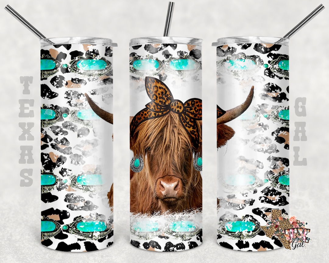 20 Oz Skinny Tumbler Highland Cow Turquoise Seamless Sublimation Design ...