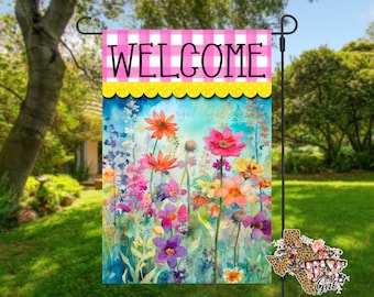 Blumen Garten Flagge, Sublimation Digital Download, Willkommen Garten Flagge JPG