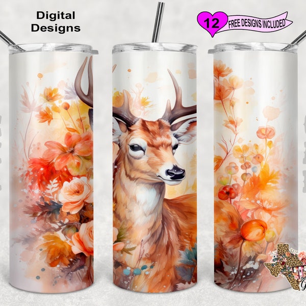 Fall Deer Tumbler Wrap, Watercolor Tumbler Wrap, 20oz Sublimation Tumbler PNG, Seamless Design