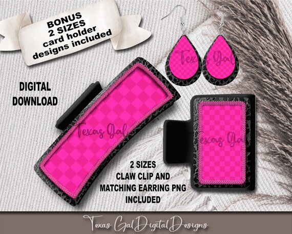 Pink Black Hair Clip and Earring Sublimation Bundle, Large Small