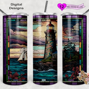 Stain Glass Tumbler Wrap, Lighthouse Tumbler PNG, 20oz Sublimation Tumbler PNG, Digital Download, Seamless Design
