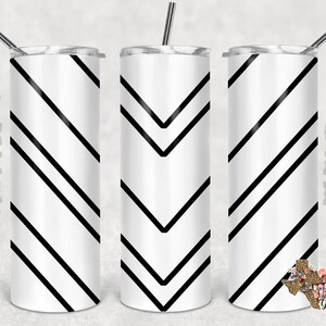 May include: Three stainless steel tumblers with black diagonal stripes. The tumblers are white with black stripes. The tumblers are all the same size and shape.