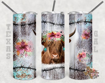 Highland Cow, Hout, Turquoise, Bloemen, 20 oz Skinny Tumbler, Naadloos, Sublimatie Design, PNG, Instant DIGITAAL ALLEEN