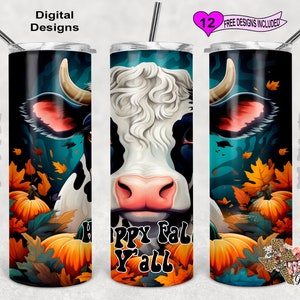 Cow Tumbler Wrap, Happy Fall Y&#39;all Tumbler Wrap, Watercolor Tumbler Wrap, 20oz Sublimation Tumbler PNG, Seamless Design