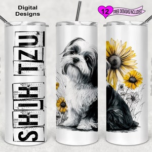 Shih Tzu Tumbler Wrap, Sunflower Tumbler Wrap, Watercolor Tumbler Wrap, 20oz Sublimation Tumbler PNG, Digital Download, Seamless Design