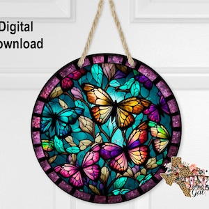 Sublimation Round Door Hanger Design PNG, Stain Glass Butterflies Sublimation Design, 10 Inch Hardboard Blank Design, Digital Download