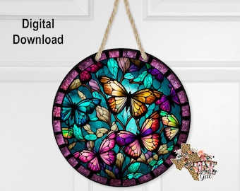 Sublimation Round Door Hanger Design PNG, Stain Glass Butterflies Sublimation Design, 10 Inch Hardboard Blank Design, Digital Download