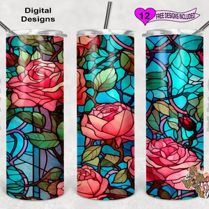 Stain Glass Pink Roses Tumbler Wrap, Stain Glass Tumbler Wrap, 20oz Sublimation Tumbler PNG, Seamless Design