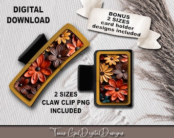 Design en sublimation de pince à cheveux fleurs mod en cuir, grande et petite griffe à cheveux PNG, Boho PNG, Design en sublimation de pince à cheveux, téléchargement numérique