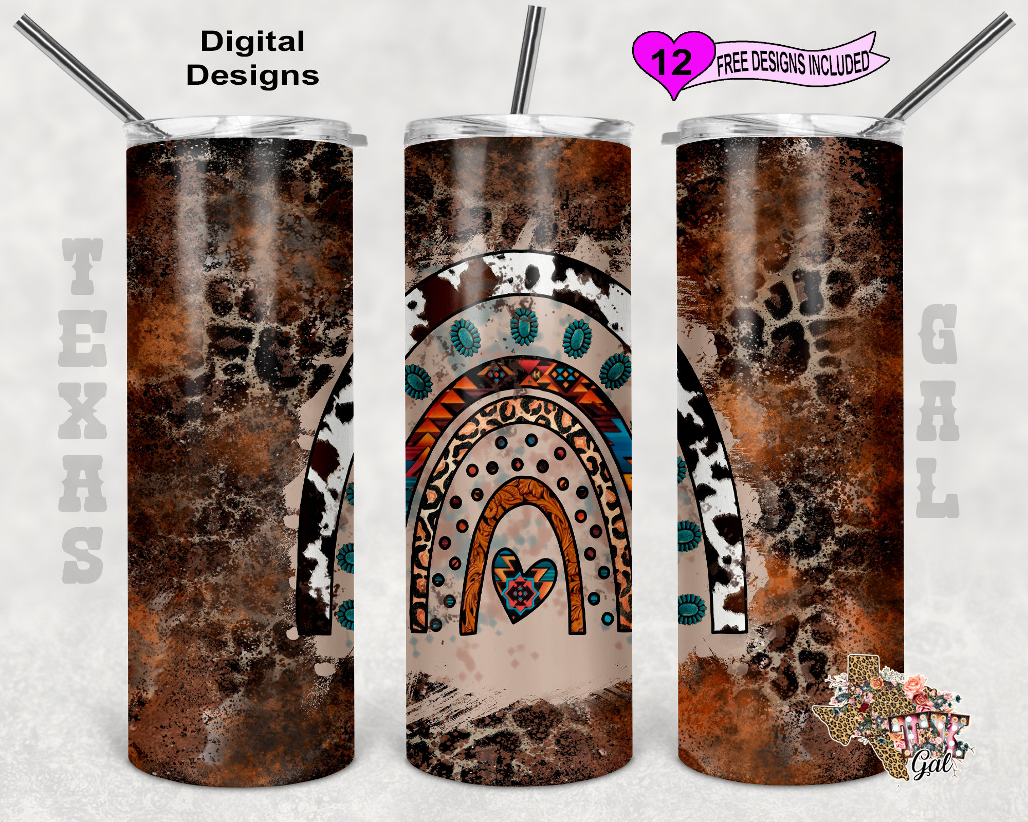 20 Oz Skinny Tumbler Western Leather Leopard Rainbow Sublimation Design ...