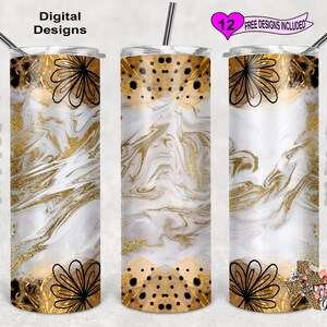20 oz Skinny Tumbler Gold Black Floral Marble Seamless Sublimation Design PNG Instant DIGITAL ONLY