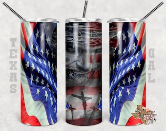 Jesus Tumbler PNG, American Flag PNG, Christian Tumbler Wrap, 20 oz Skinny Tumbler Sublimation Design, Seamless Pattern, Sublimation Design