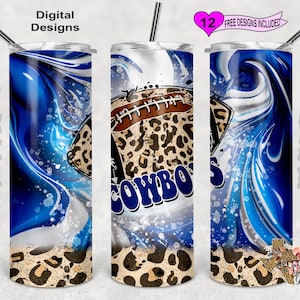 May include: A sublimation design for a tumbler featuring a blue and white marble pattern with a football and the word "Cowboys" in blue. The design also includes a leopard print pattern.
