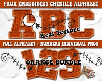 Faux gesticktes Chenille Alphabet Set, orange Chenille gestickte Varsity Patch Buchstaben PNG, druckbare Alphabet Schriften