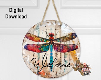 Accroche-porte rond en sublimation libellule bienvenue Design pour panneaux de fibres durs, couronne de libellule PNG, téléchargement numérique PNG, graphiques numériques