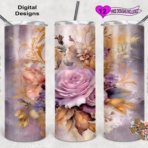 Lila und Gold Blumen Tumbler Wrap, Aquarell Tumbler Wrap, 20 Unzen Sublimation Tumbler PNG, nahtloses Design