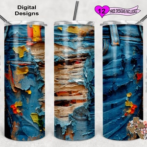Torn Jeans Tumbler Wrap, Watercolor Tumbler Wrap, 20oz Sublimation Tumbler PNG, Seamless Design