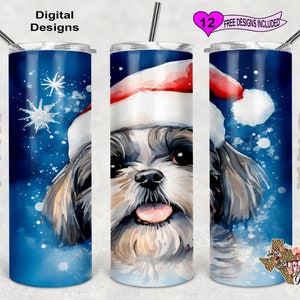 Christmas Shih Tzu Tumbler Wrap, Watercolor Tumbler Wrap, 20oz Sublimation Tumbler PNG, Seamless Design