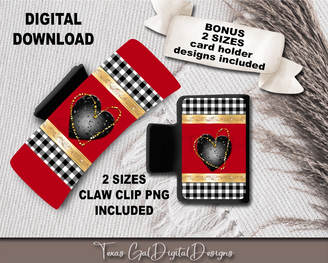 Red Black Heart Hair Clip Sublimation Design, Large and Small Hair Claw