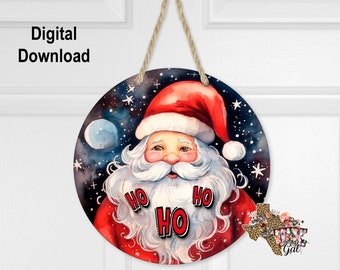 Colgador de puerta de sublimación redonda Diseño de Papá Noel para espacios en blanco de tableros duros, Ho Ho Ho Wreath PNG, PNG Descarga digital, gráficos digitales