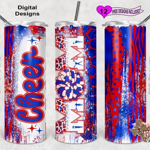 Cheer Mom Tumbler Wrap, Cheer Mom Tumbler PNG, envoltura de vaso Cheer rojo y azul, diseño de sublimación de vaso flaco de 20 oz, patrón sin costuras