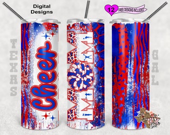Cheer Mom Tumbler Wrap, Cheer Mom Tumbler PNG, Rouge et bleu Cheer Tumbler Wrap, 20 oz Skinny Tumbler Sublimation Design, Seamless Pattern