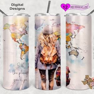 Oh, los lugares a los que irás envoltura de vaso, envoltura de vaso de viaje, envoltura de vaso de acuarela, vaso de sublimación de 20 oz PNG, diseño sin costuras