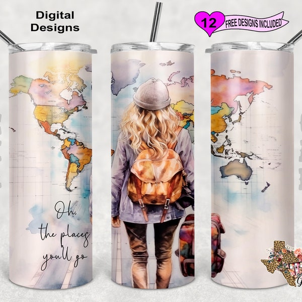 Oh The Places You'll Go Tumbler Wrap, Travel Tumbler Wrap, Watercolor Tumbler Wrap, 20oz Sublimation Tumbler PNG, Seamless Design
