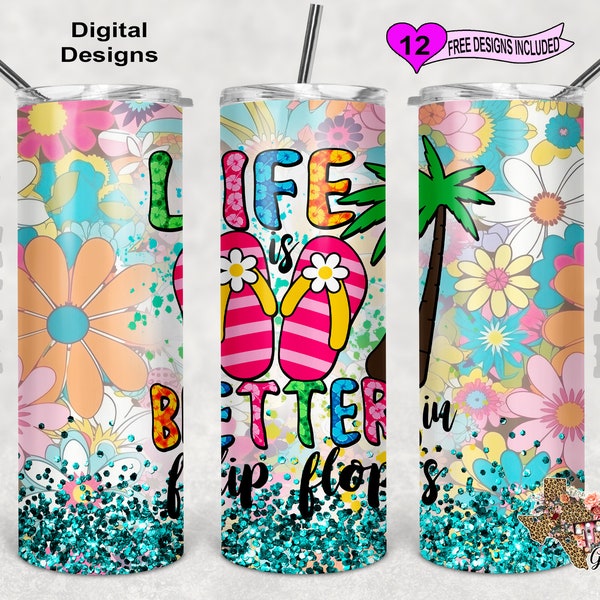 Life Is Better In Flip Flops Tumbler Wrap, Watercolor Tumbler Wrap, 20oz Sublimation Tumbler PNG, Digital Download, Seamless Design