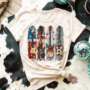 May include: A beige t-shirt with a graphic of four electric guitars with American flag designs. The text "Long Lives Rock n Roll" is printed below the guitars.