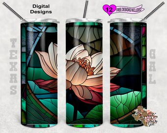 Envoltório de copo de vidro manchado, copo de flor PNG, design de sublimação de copo magro de 20 onças, padrão sem emenda