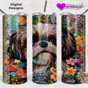 Embroidery Tumbler Wrap, Shih Tzu Tumbler Wrap, 20 oz Skinny Tumbler Sublimation Design, Seamless Pattern