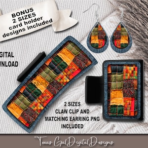 May include: Digital download of two sizes of a claw clip and matching earrings. The design features a patchwork pattern with denim accents in shades of green, orange, red, and yellow.