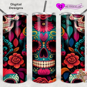 Sugar Skull Tumbler Wrap, 20oz Sublimation Tumbler PNG, Digital Download, Seamless Design