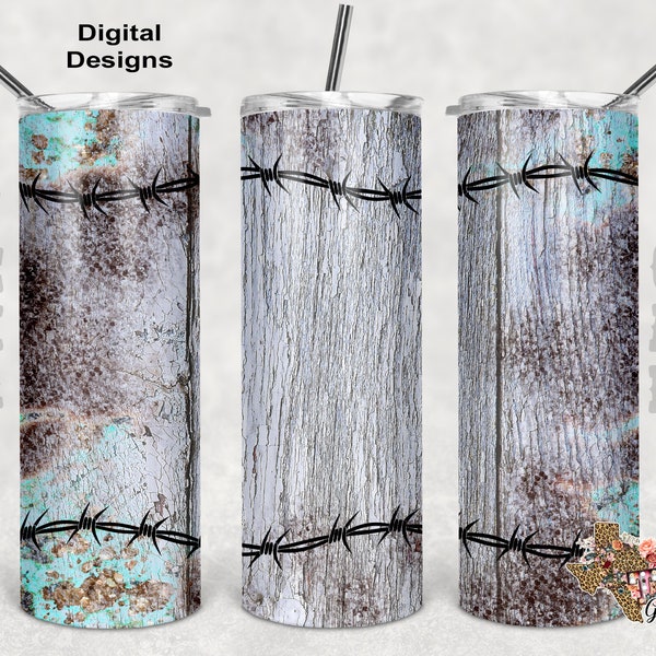 20 oz Skinny Tumbler Wood Barbed Wire Sublimation Design PNG Instant DIGITAL ONLY