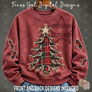May include: A faded red crewneck sweatshirt featuring a central Christmas tree graphic made of frayed plaid fabric in green, red, and black. The sleeves have matching frayed plaid patches. A beige star sits atop the tree. Text reads Texas Gal Digital Designs.