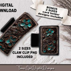 May include: Two sizes of turquoise and brown floral claw clip PNG digital downloads. The design features a floral pattern with turquoise flowers and brown leaves. The text "DIGITAL DOWNLOAD" and "2 SIZES CLAW CLIP PNG INCLUDED" is included in the image.