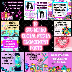 Bundel engagement interactieve sociale media, jaren 80 retro sociale mediaposts, engagementposts, sociale mediabetrokkenheid, sociale media-graphics