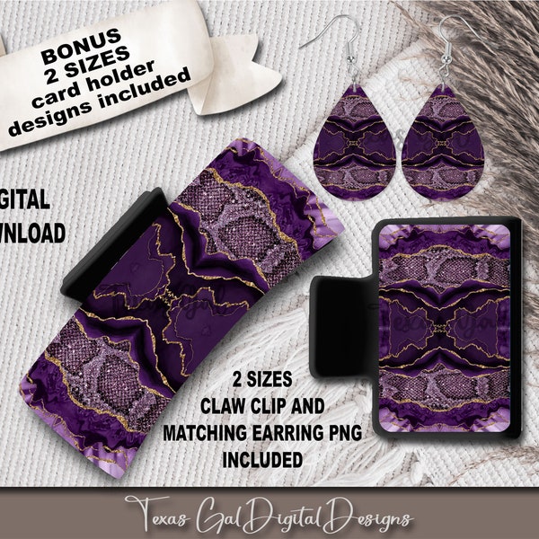 Purple Gold Glitter Hair Clip And Earring Sublimation Bundle, Large Small Hair Claw PNG, Hair Clip Sublimation Design, Digital Download