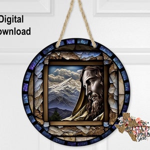 Sublimation Round Door Hanger Design PNG, Stain Glass Jesus Sublimation Design, 10 Inch Hardboard Blank Design, Digital Download