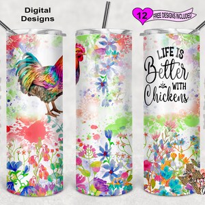 Envoltura de vaso de pollo, envoltura de vaso de acuarela, diseño de sublimación de vaso flaco de 20 oz, patrón sin costuras