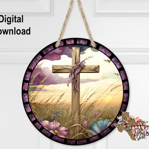 Sublimation Round Door Hanger Design PNG, Stain Glass Cross Sublimation Design, 10 Inch Hardboard Blank Design, Digital Download
