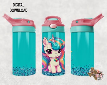 May include: A turquoise water bottle with a pink lid and a unicorn design. The unicorn has a rainbow mane and tail and is surrounded by glitter.